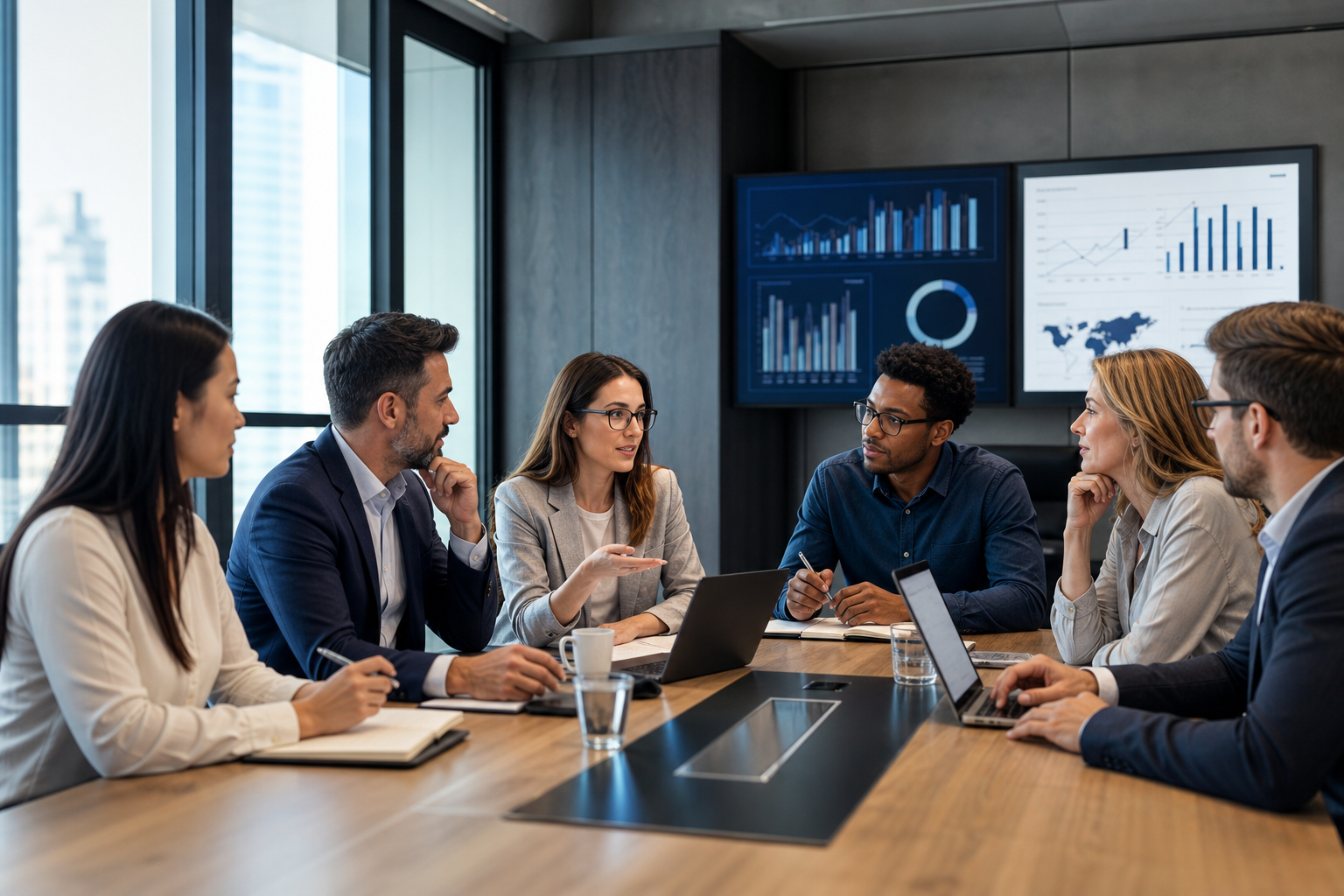 A team collaborating in an office environment around a board table